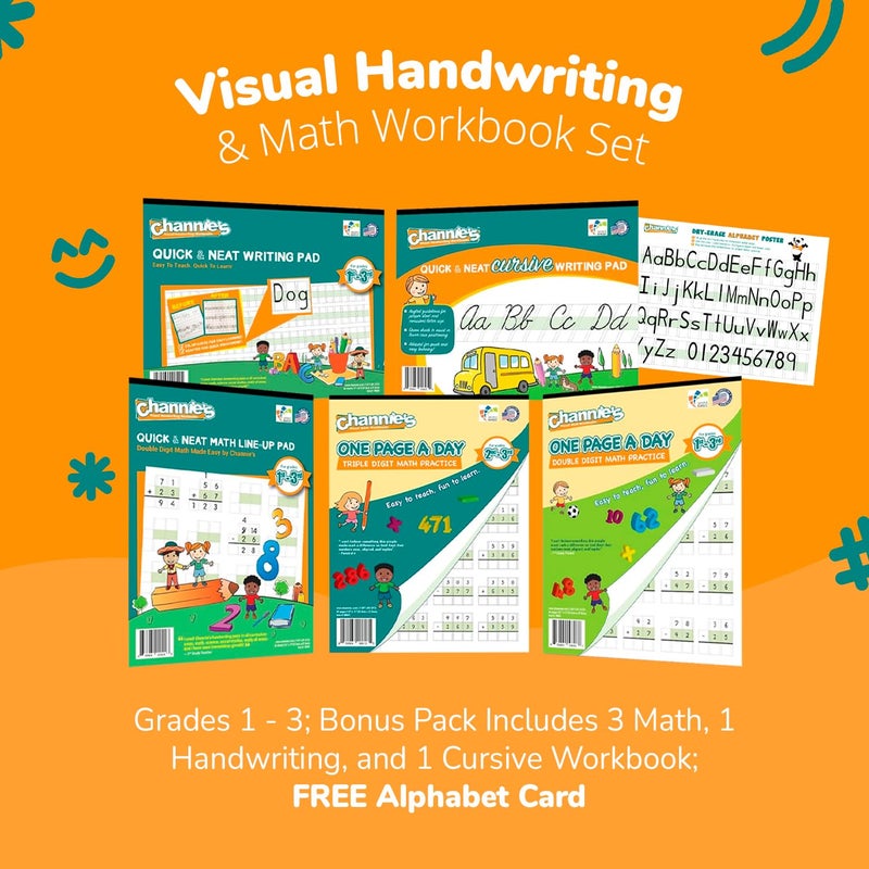 Channie's Best value Channieâ€™s Visual Math, Handwriting, and Cursive Bonus Pack of 5 Separate Workbooks, Grades 1st â€“ 3rd, With FREE Alphabet Card - Learning Workbook for Homeschool and After School - Image 2